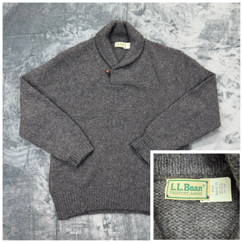 Vintage 70s USA LL Bean Mens XL‎ Wool Blend Shawl Collar Toggle Sweater Gray